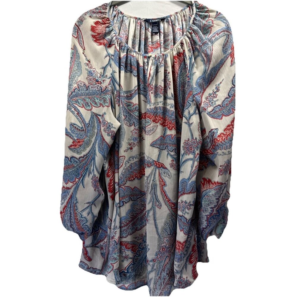 Chaps Womens Top Blouse Sz XL Blue Red Paisley Raglan Long Puff Sleeves Pullover